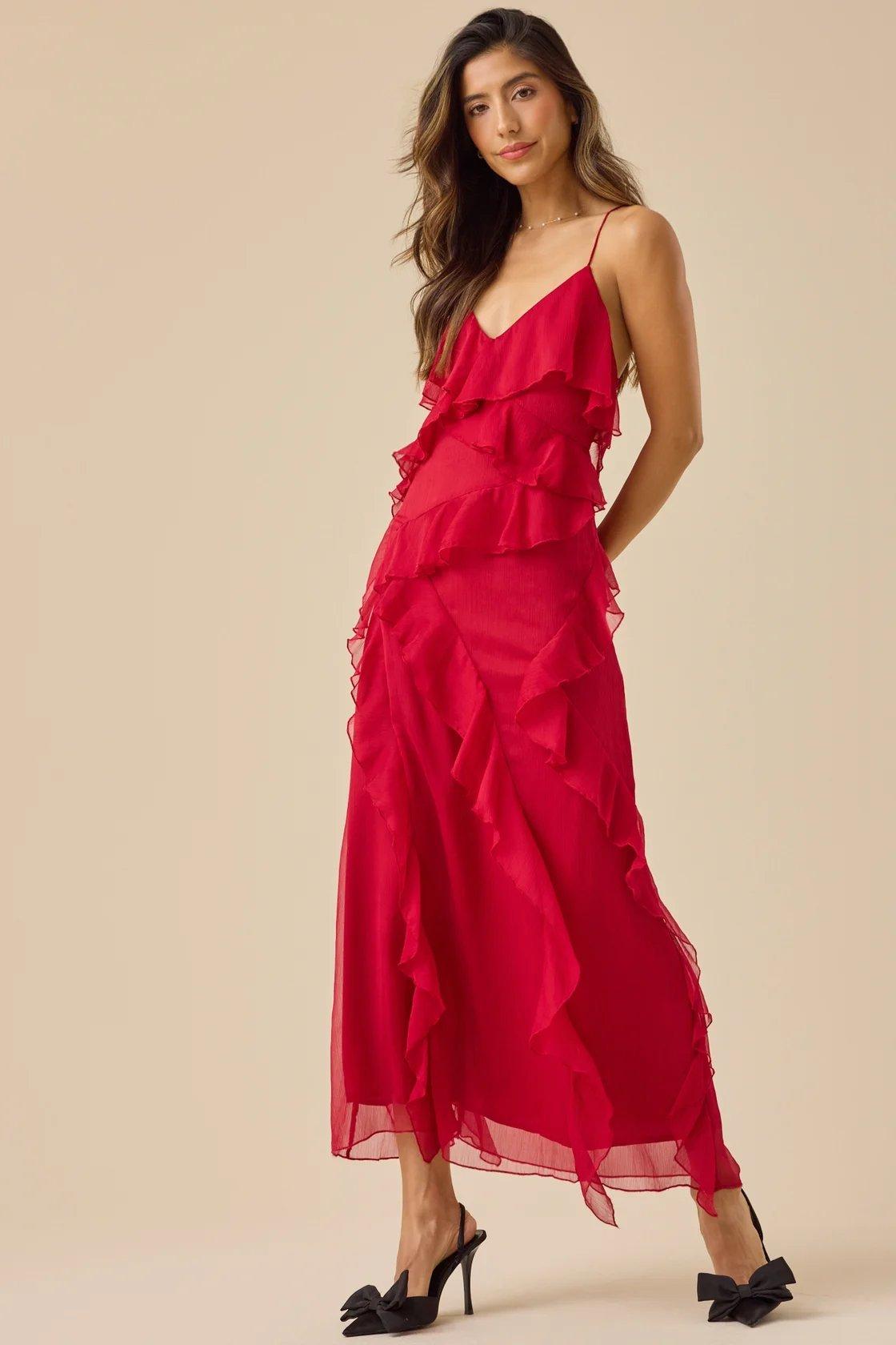 red ruffled maxi dress