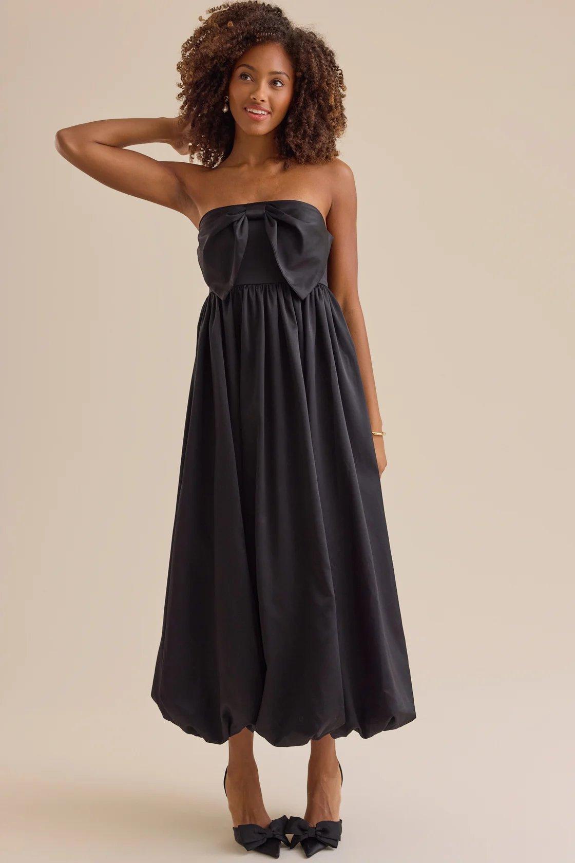black strapless bow-front maxi dress