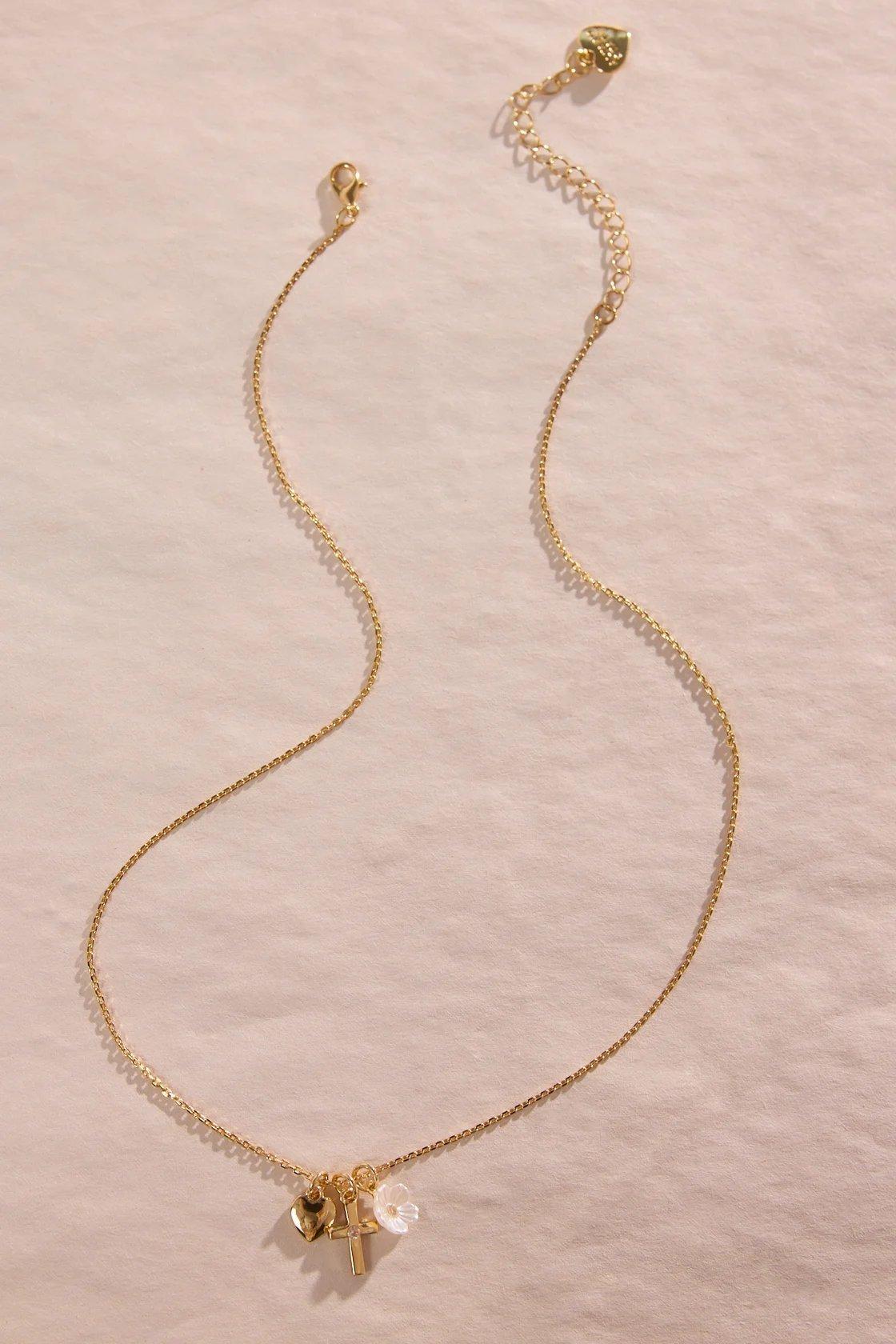 gold dainty floral cross charm necklace
