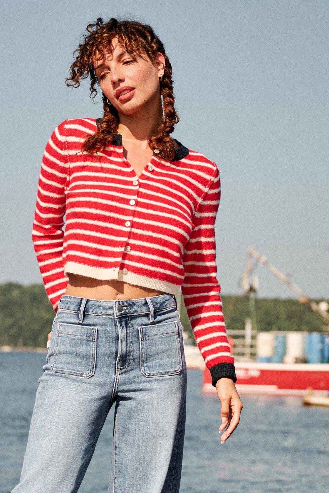 red and white striped cardigan with navy blue collar