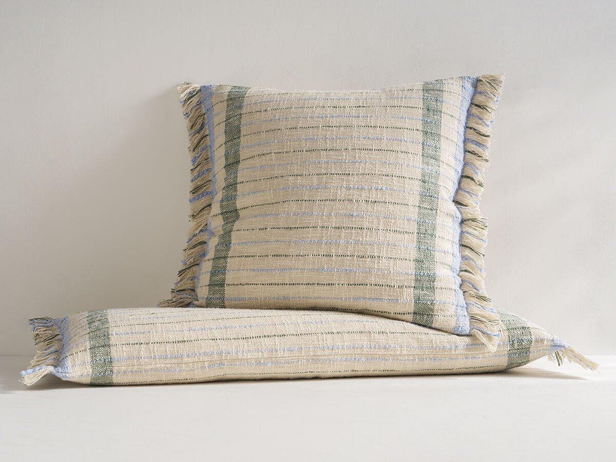 blue and green striped throw pillow