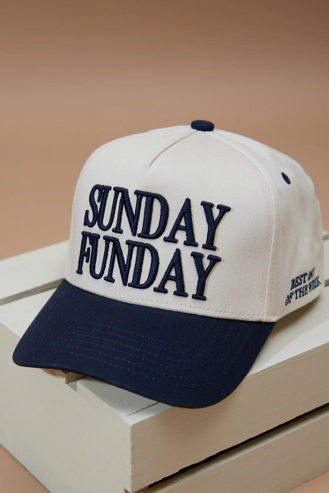 sunday funday white and dark blue trucker hat