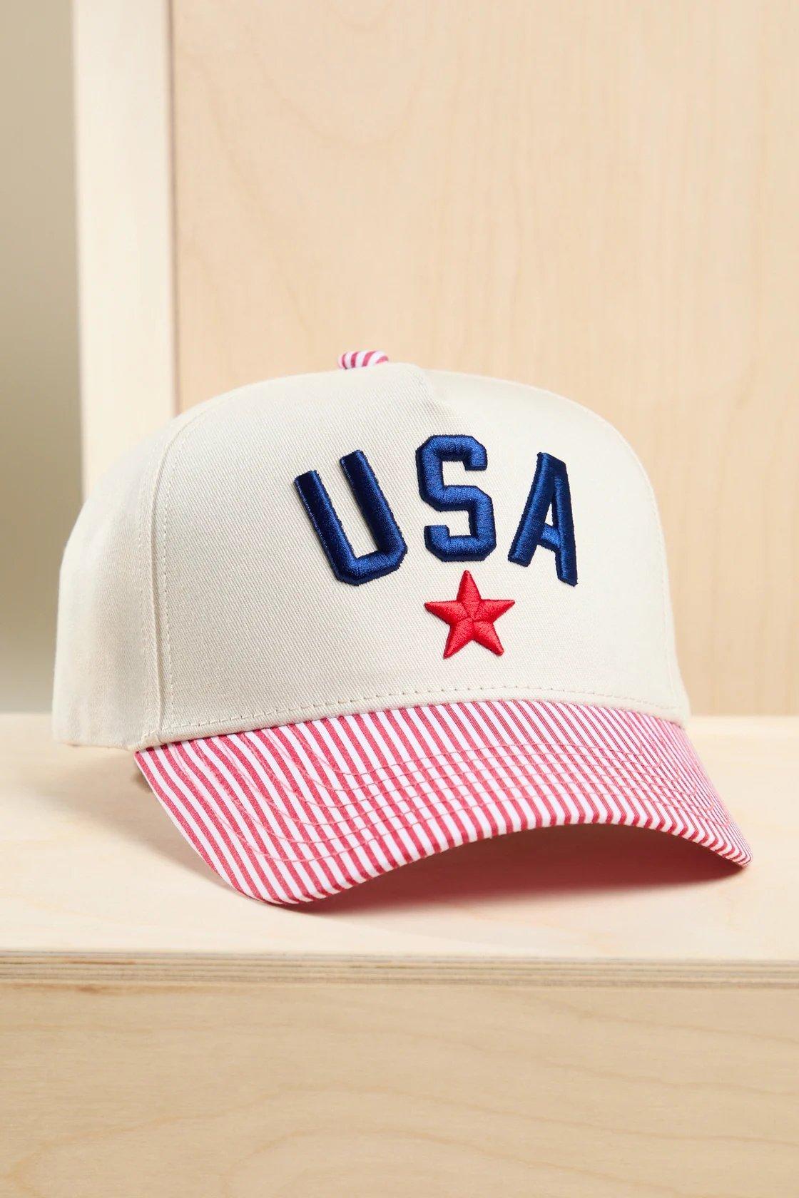 red and white striped USA trucker hat