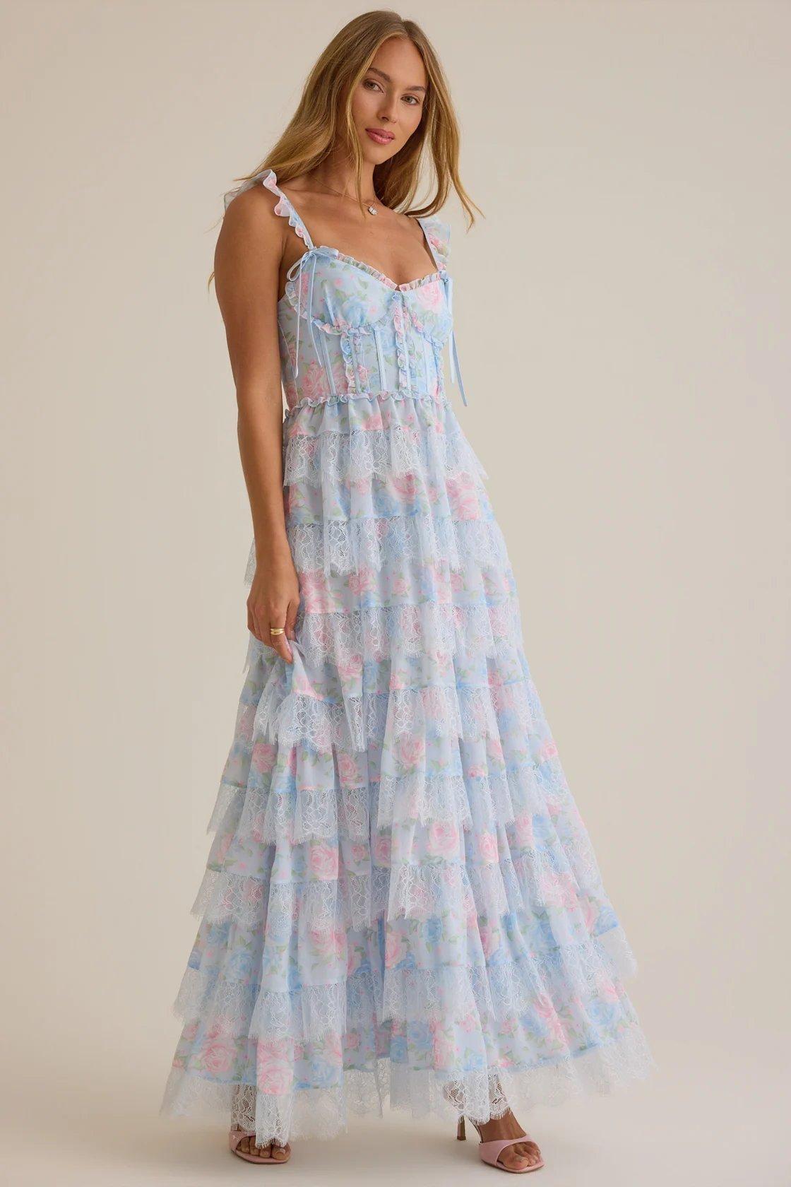 blue and pink floral tiered maxi dress
