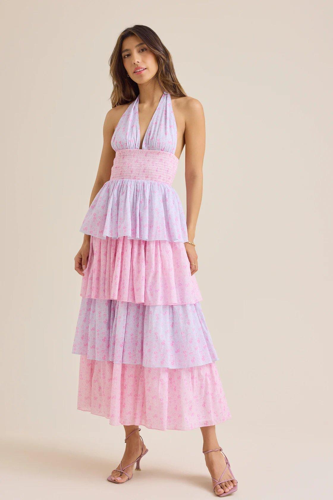 pink and purple tiered maxi dress