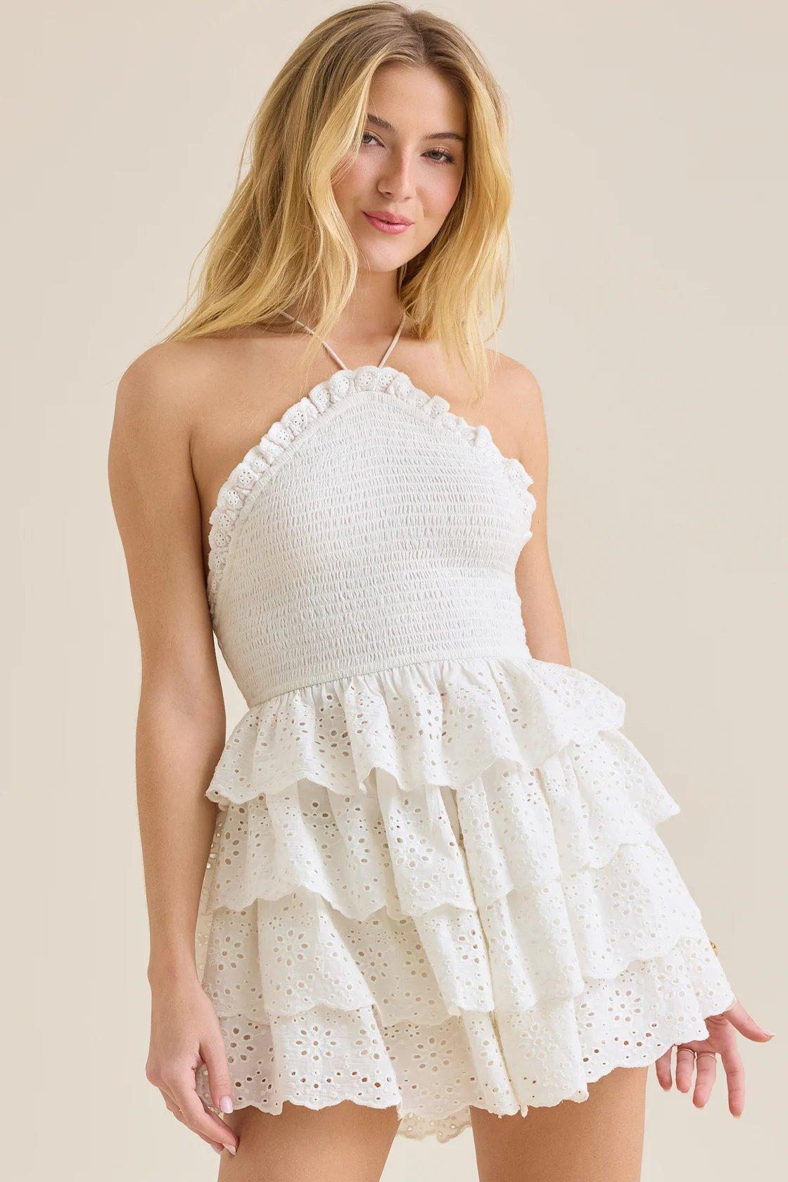 white eyelet ruffle mini dress