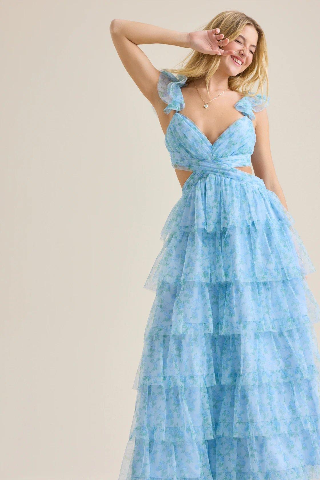 blue floral ruffle maxi dress