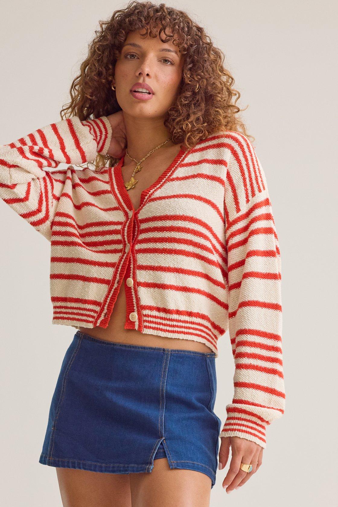 cream and red striped cardigan
