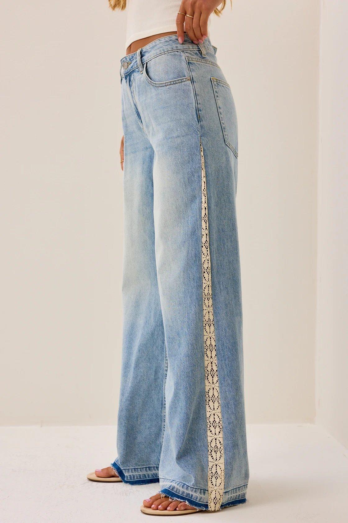 light wash crochet lined denim jeans