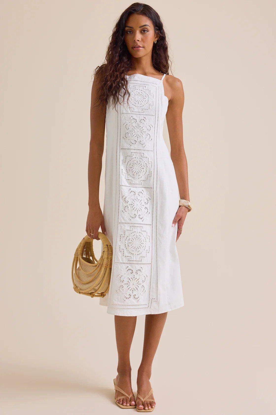 white embroidered midi dress