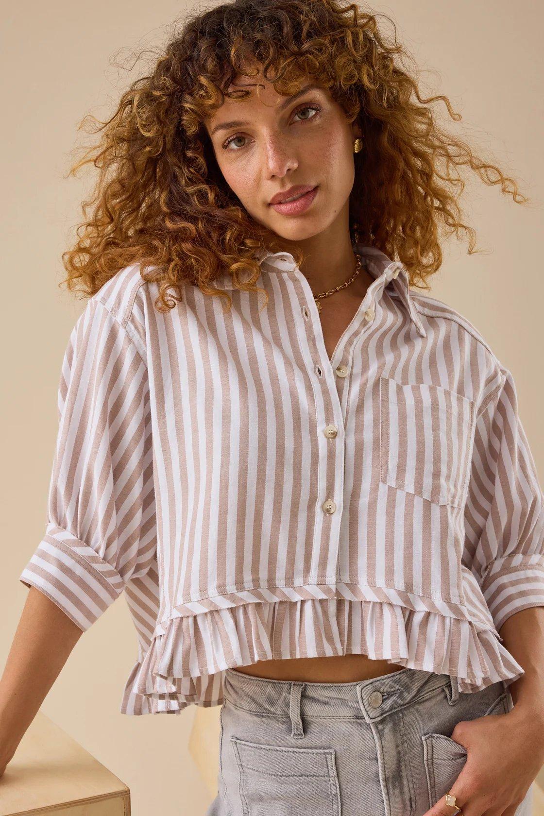 beige and white striped ruffle button up top