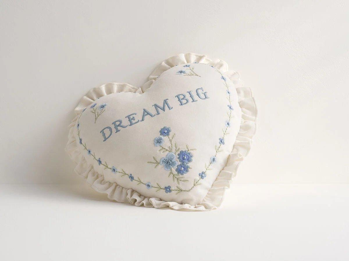 ivory and blue heart pillow
