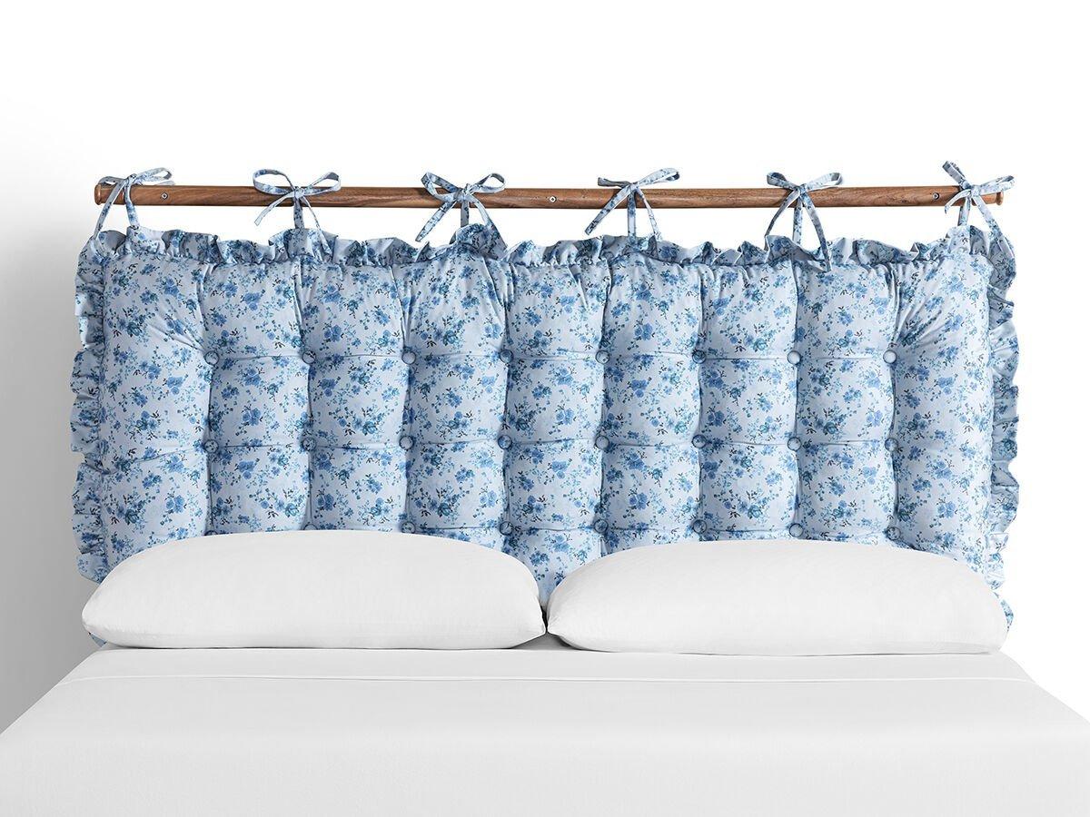 blue floral patterned upholstered headboard