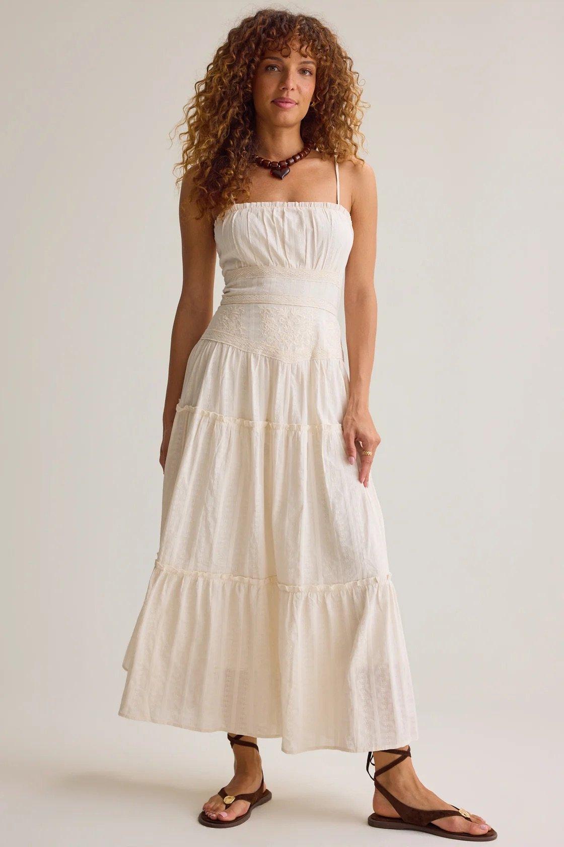 white maxi dress with ruffle and eyelet details