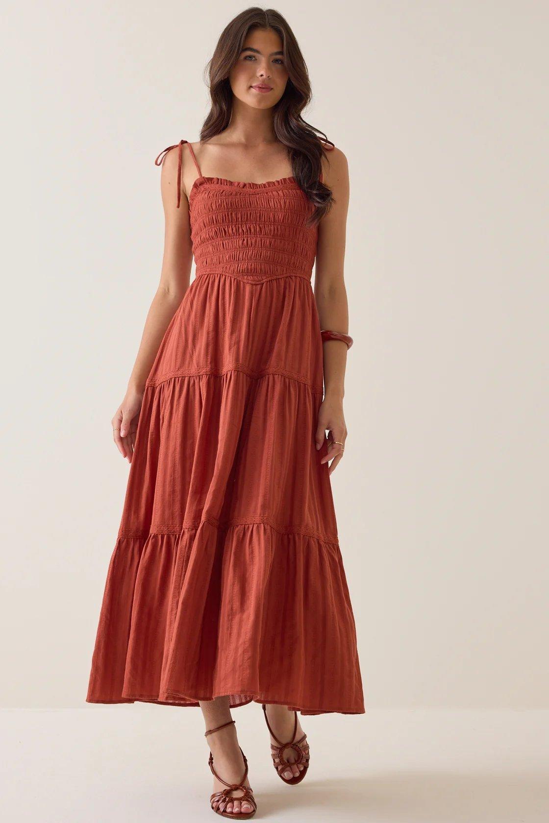 rust red tiered maxi dress