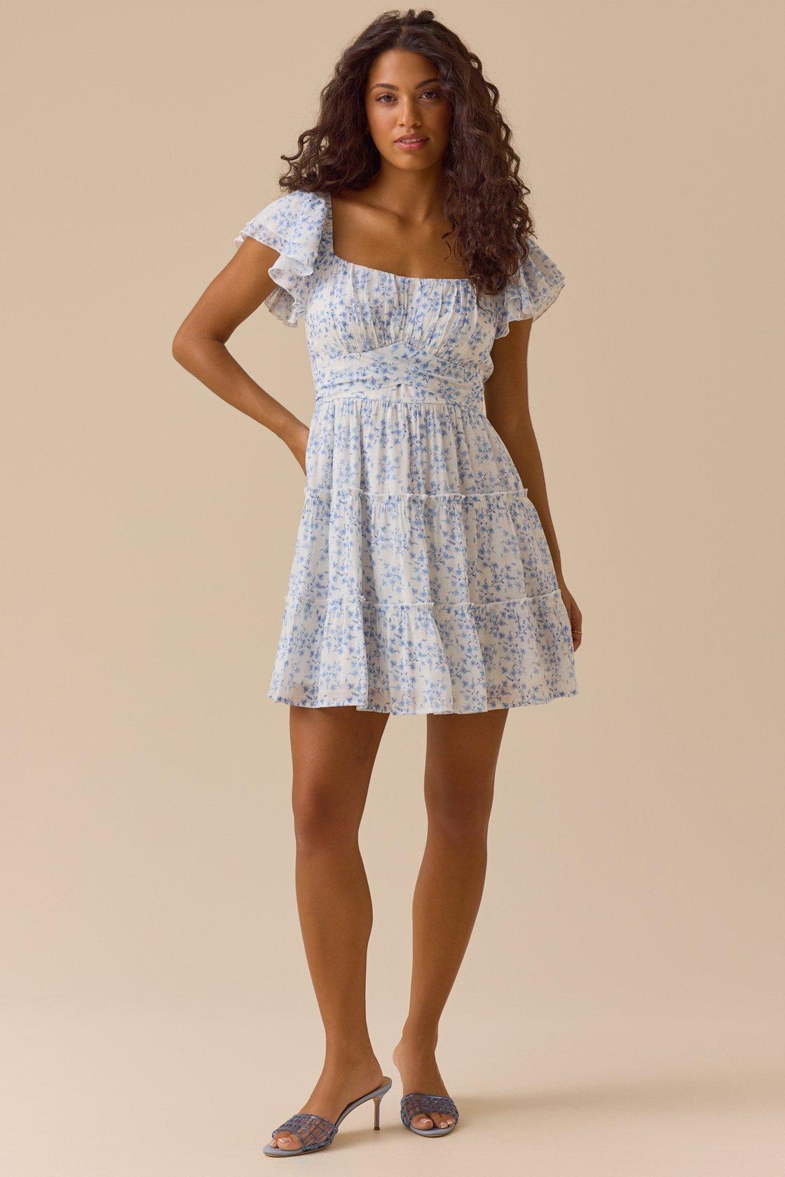 white and blue floral mini dress