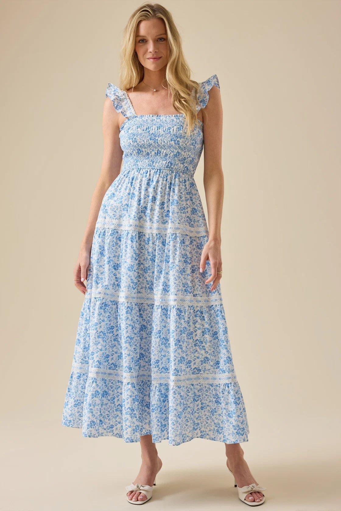 blue and white floral maxi dresses