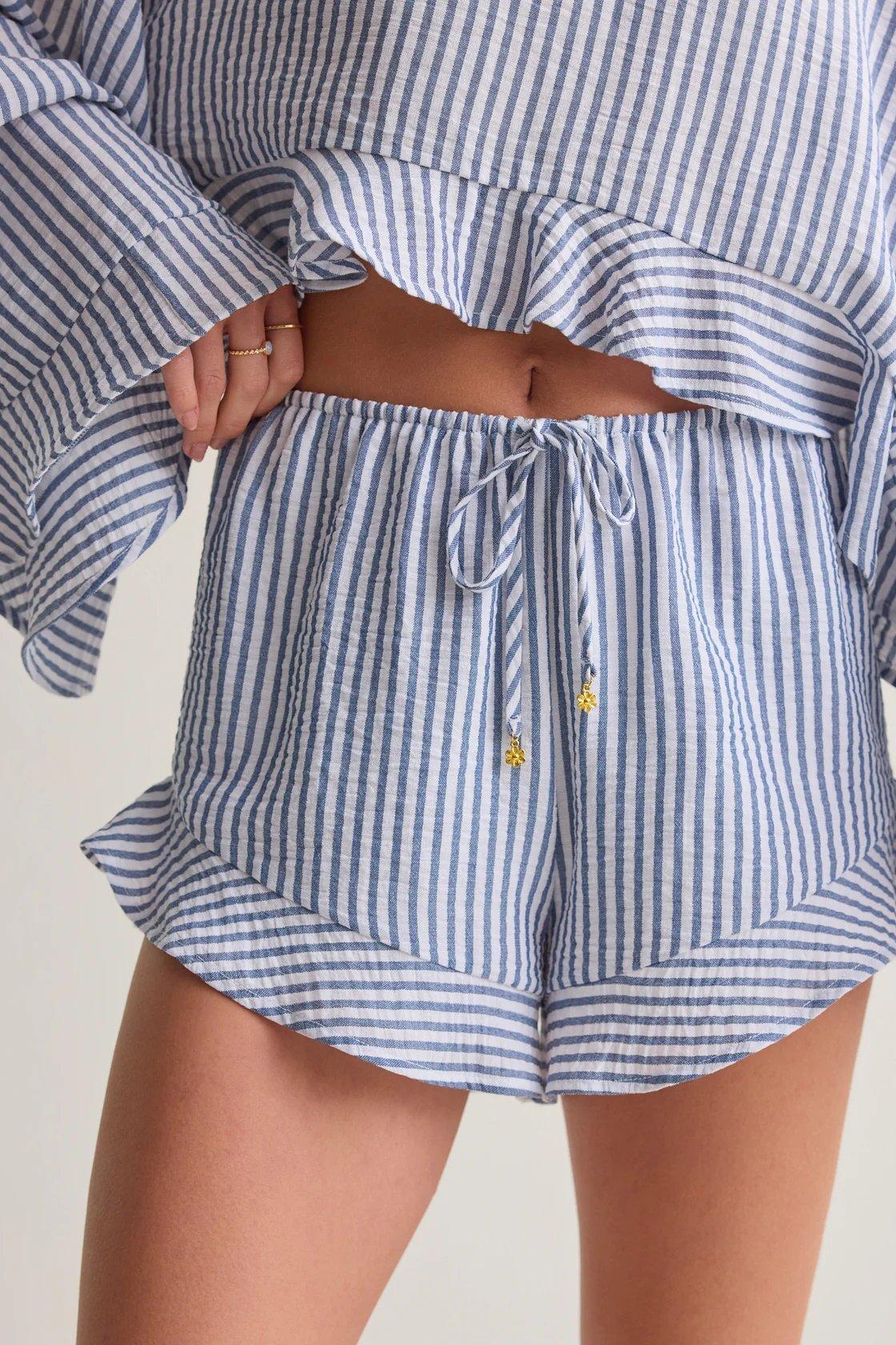 ivory and navy striped ruffle shorts