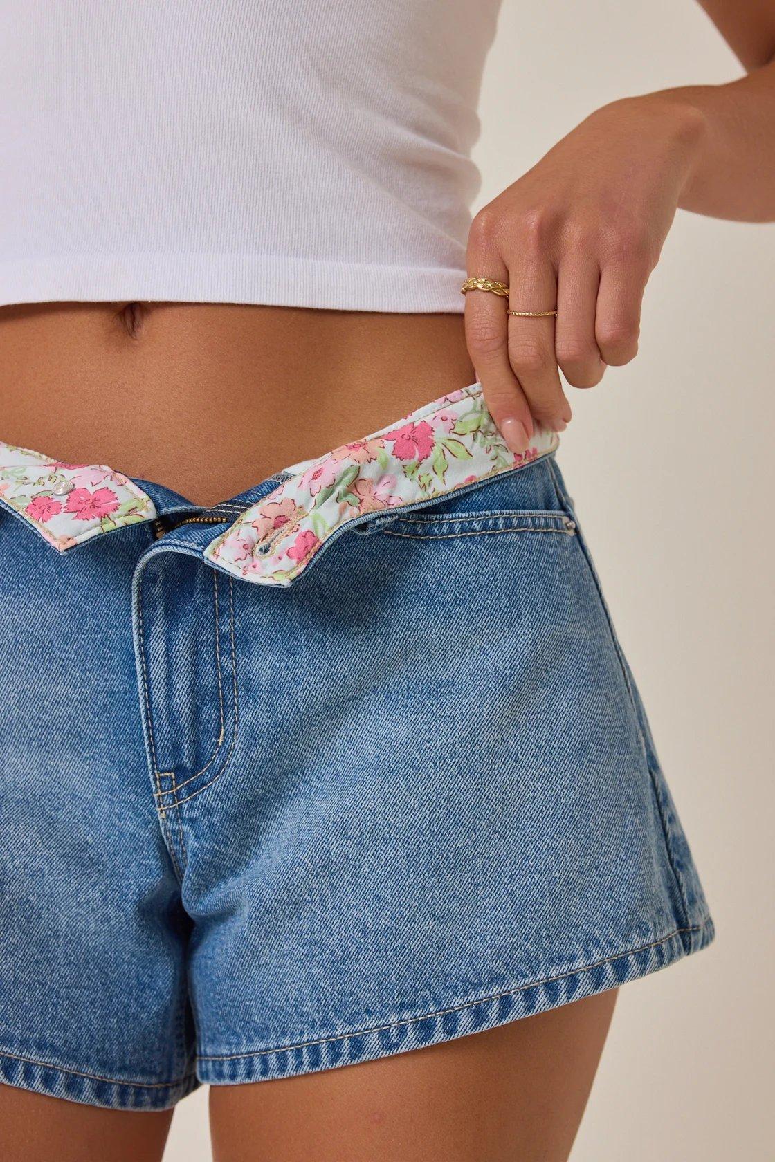 medium wash dad denim shorts