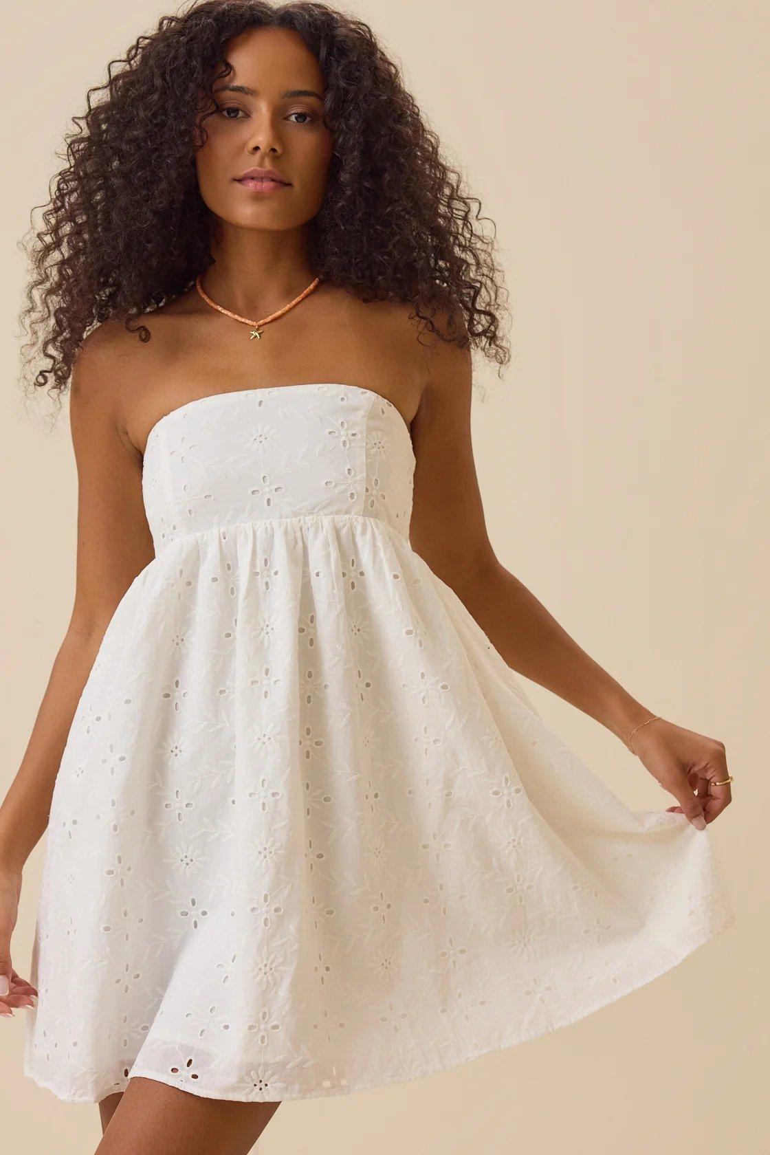 white strapless eyelet mini dress