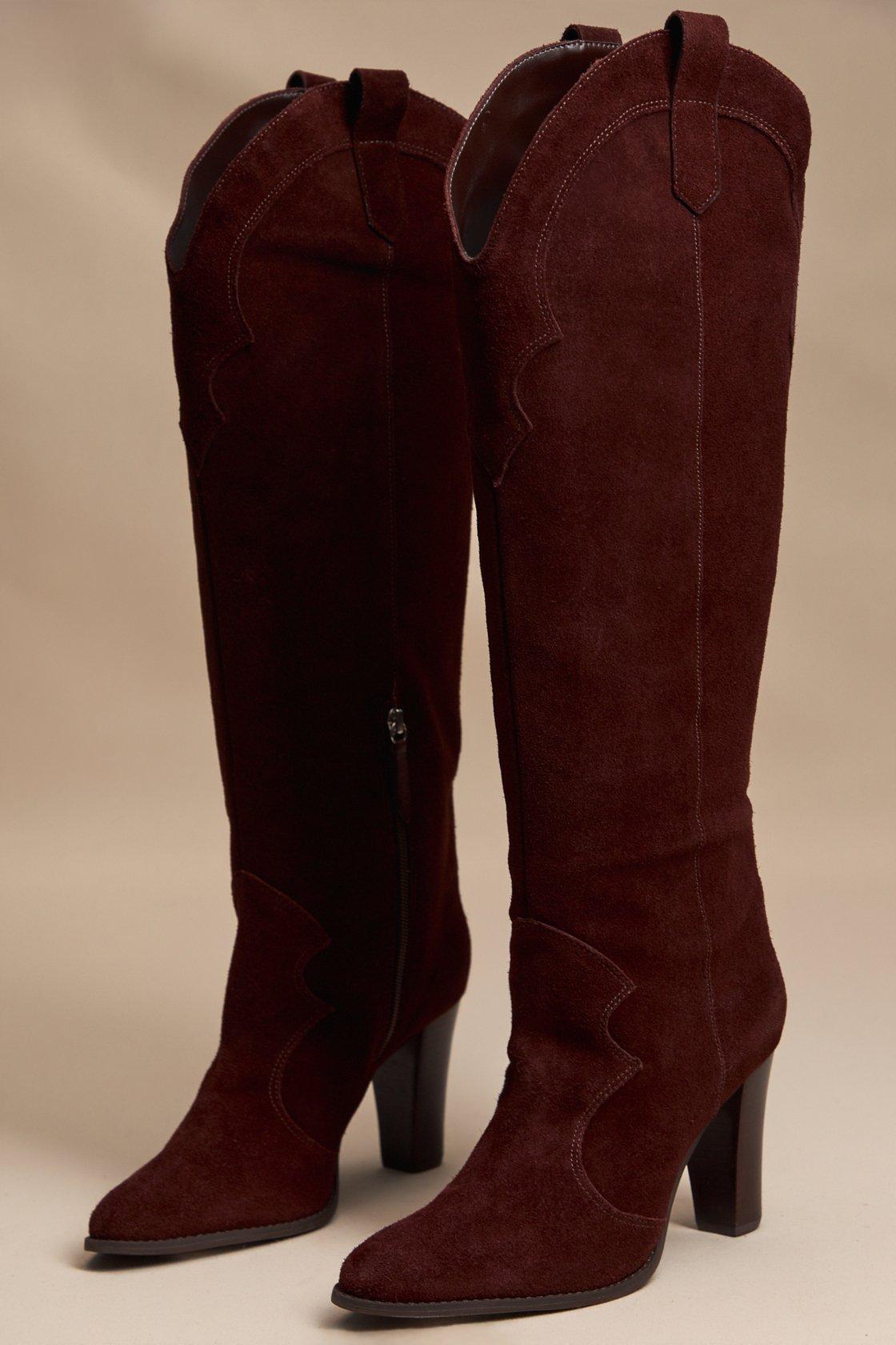 brown suede block heel western boots