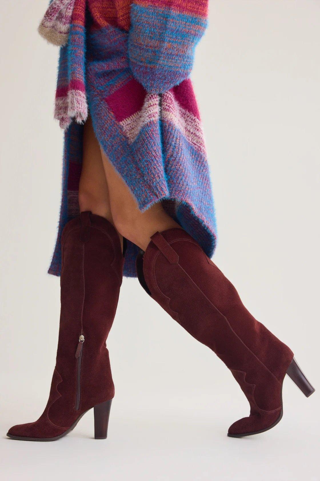 cherry wood western suede block heels