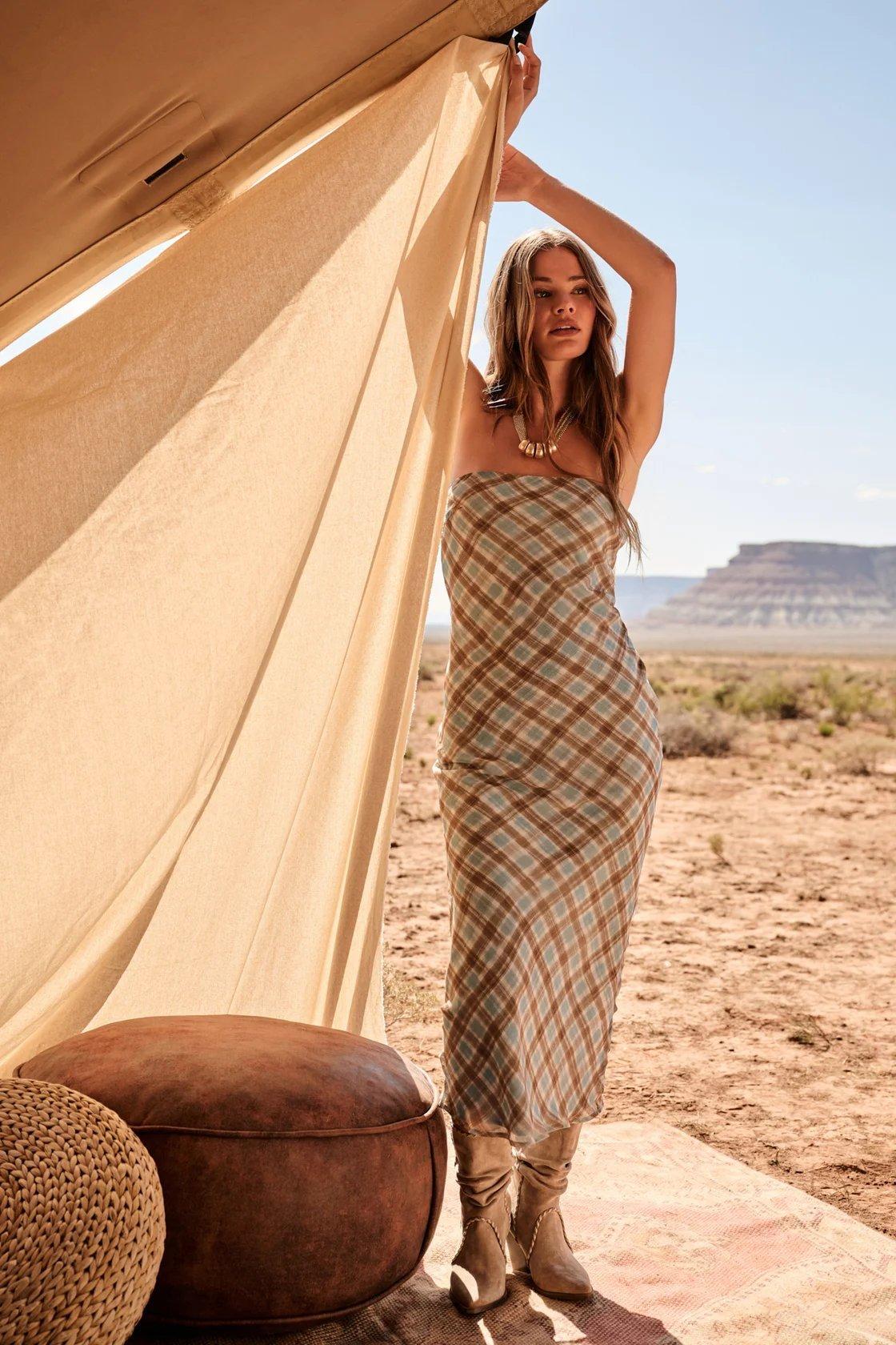 blue and brown strapless plaid maxi dress