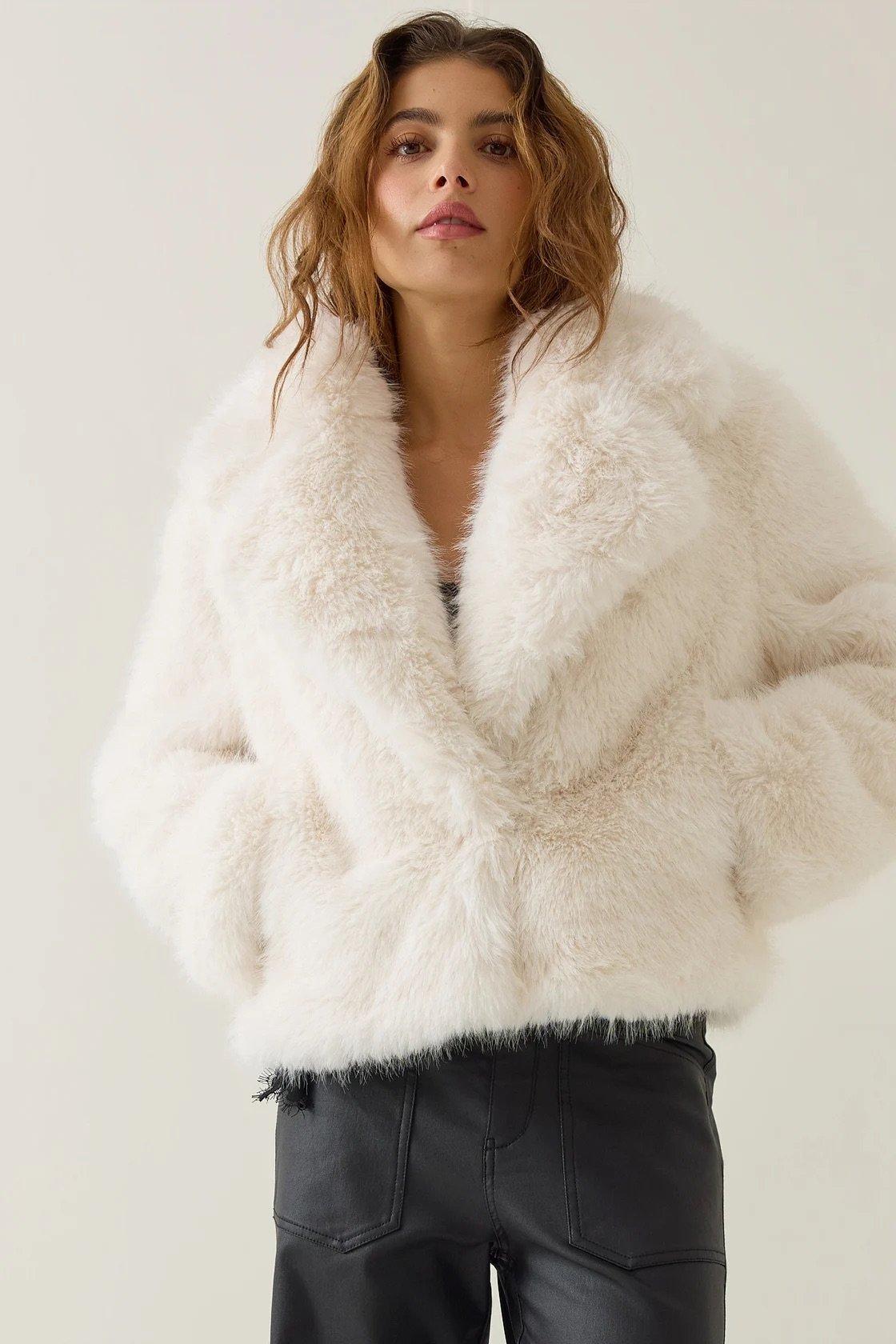 white faux fur jacket