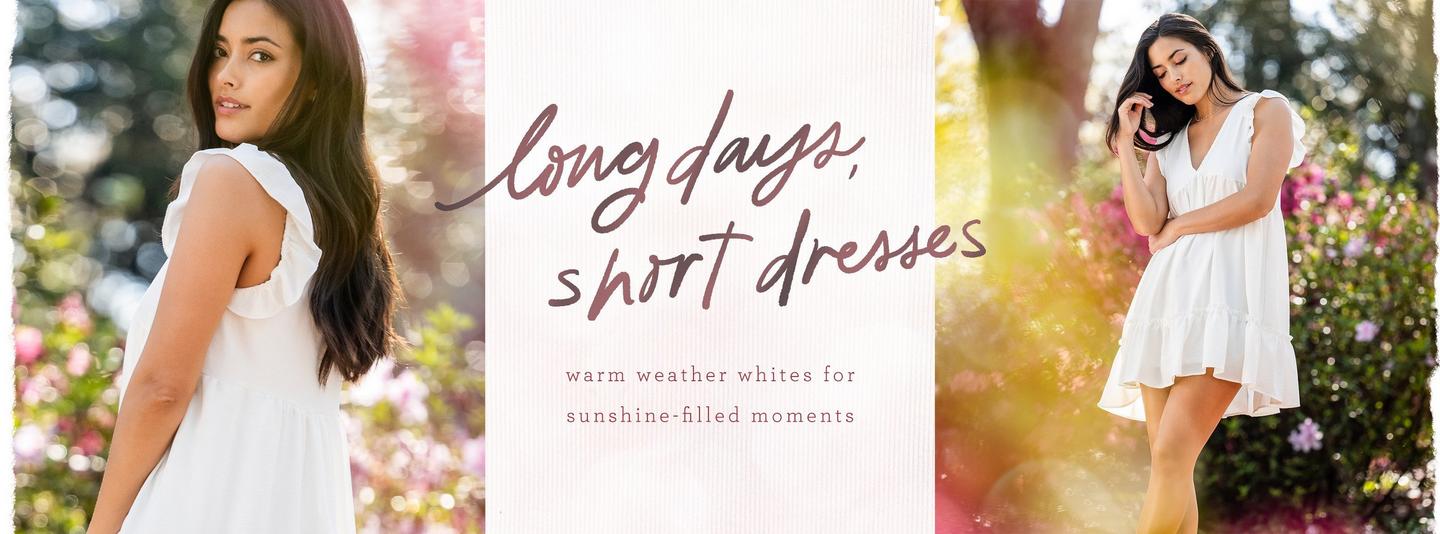 Woman wearing a white sleeveless a-line mini dress and ruffle hem