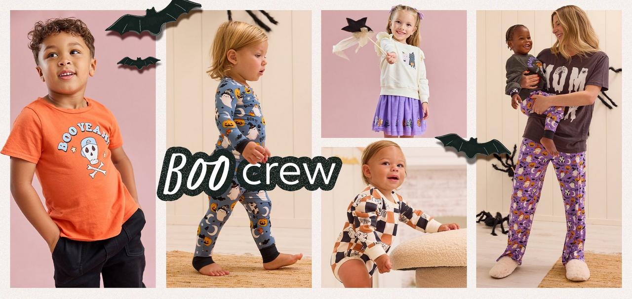 a variety of halloween themed clothing on a young girl and girl, baby boy, and mama and me style