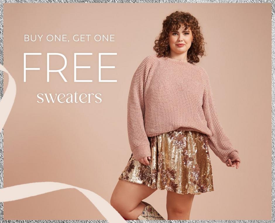 Woman wearing pink sweater and sparkly skirt