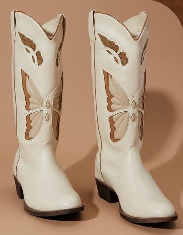 ivory cowboy boots with brown butterfly design