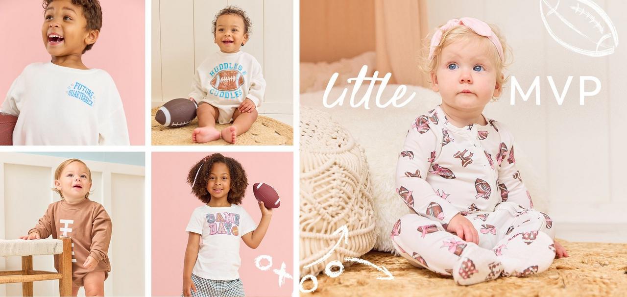 Five children ranging in multiple ages wearing game day themed outfits