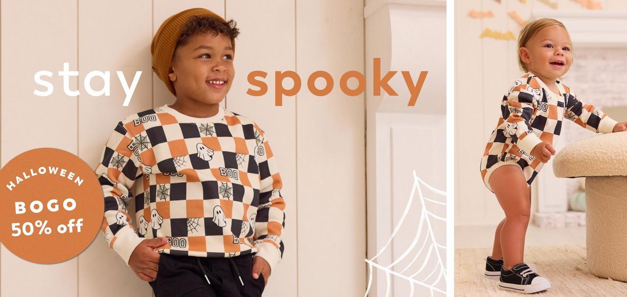 a variety of halloween themed clothing on a young girl and girl, baby boy, and mama and me style