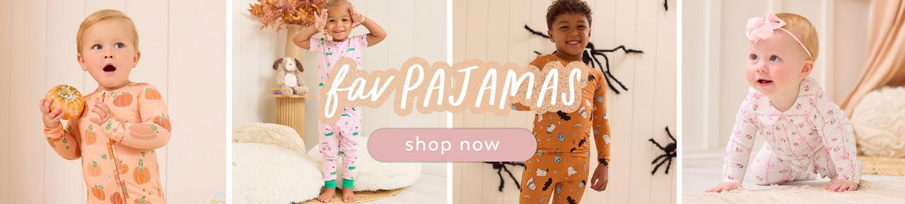 two girls and two boys wearing a variety of pajama styles