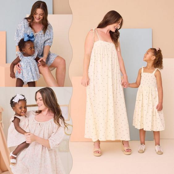 Mom and little girl wearing matching dresses