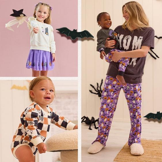 a variety of halloween themed clothing on a young girl, baby boy, and mama and me style