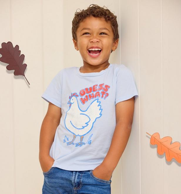 Little boy wearing a light blue tee with a chicken graphic