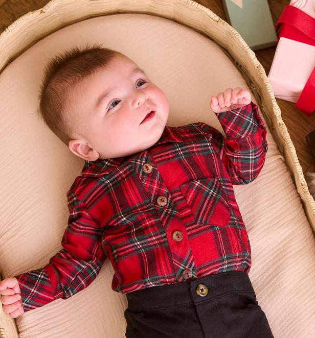baby boy wearing a plaid button up shirt