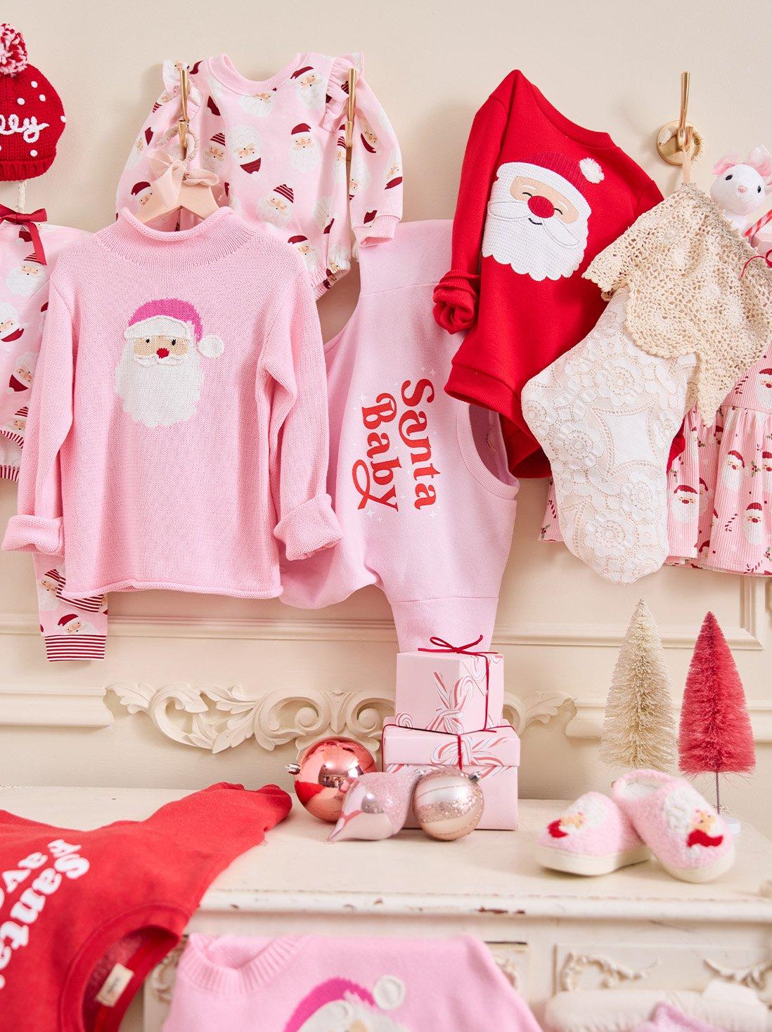 a variety of pink and red christmas themed clothing