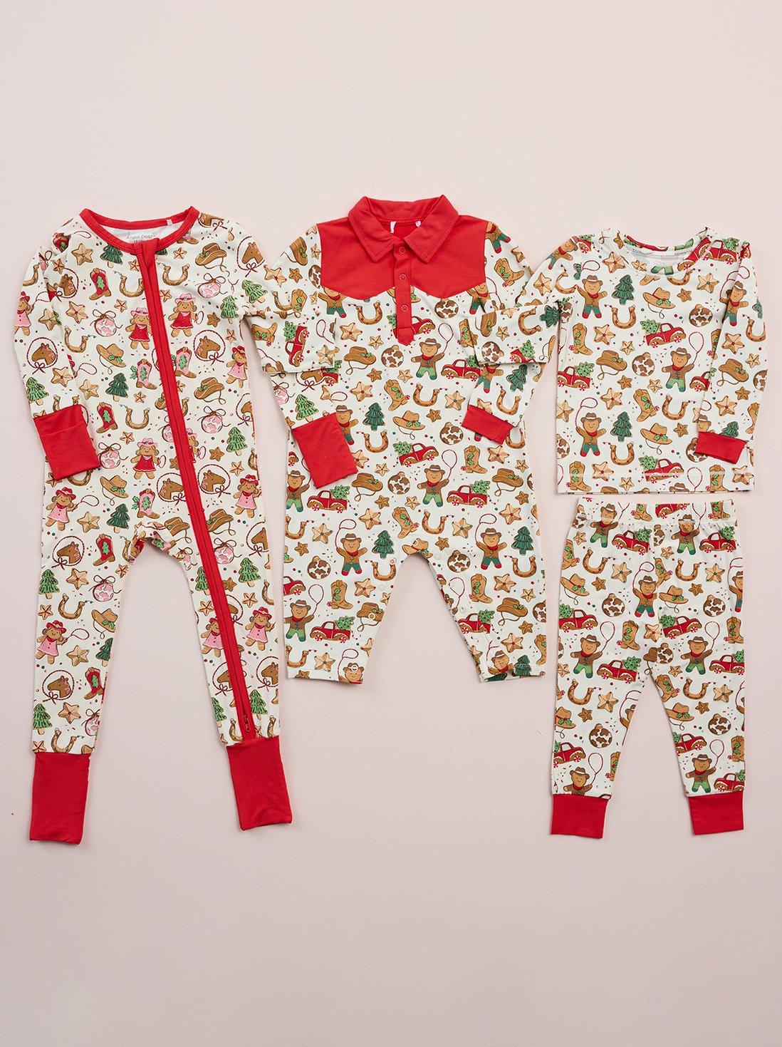 three variations of western christmas patterned pajamas