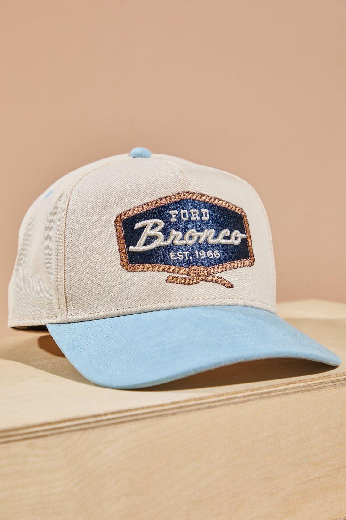 white and blue trucker hat with bronco logo