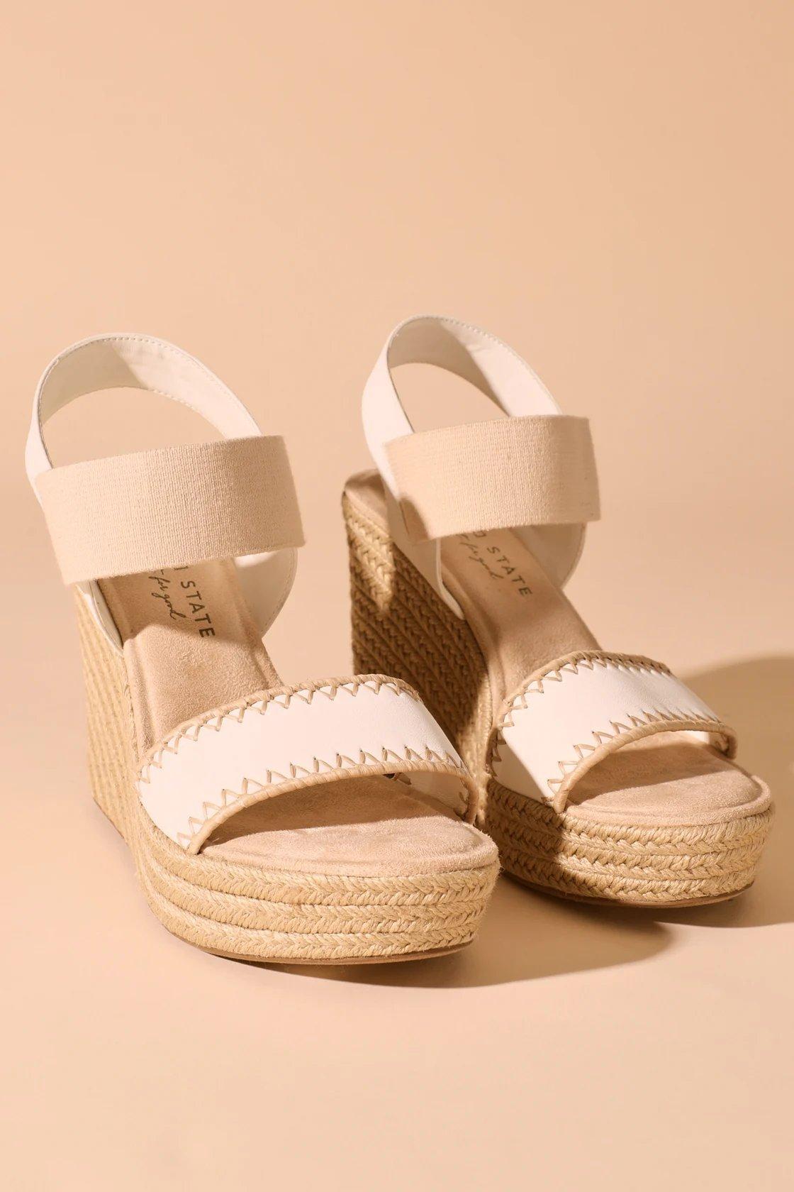 beige and white platform heels