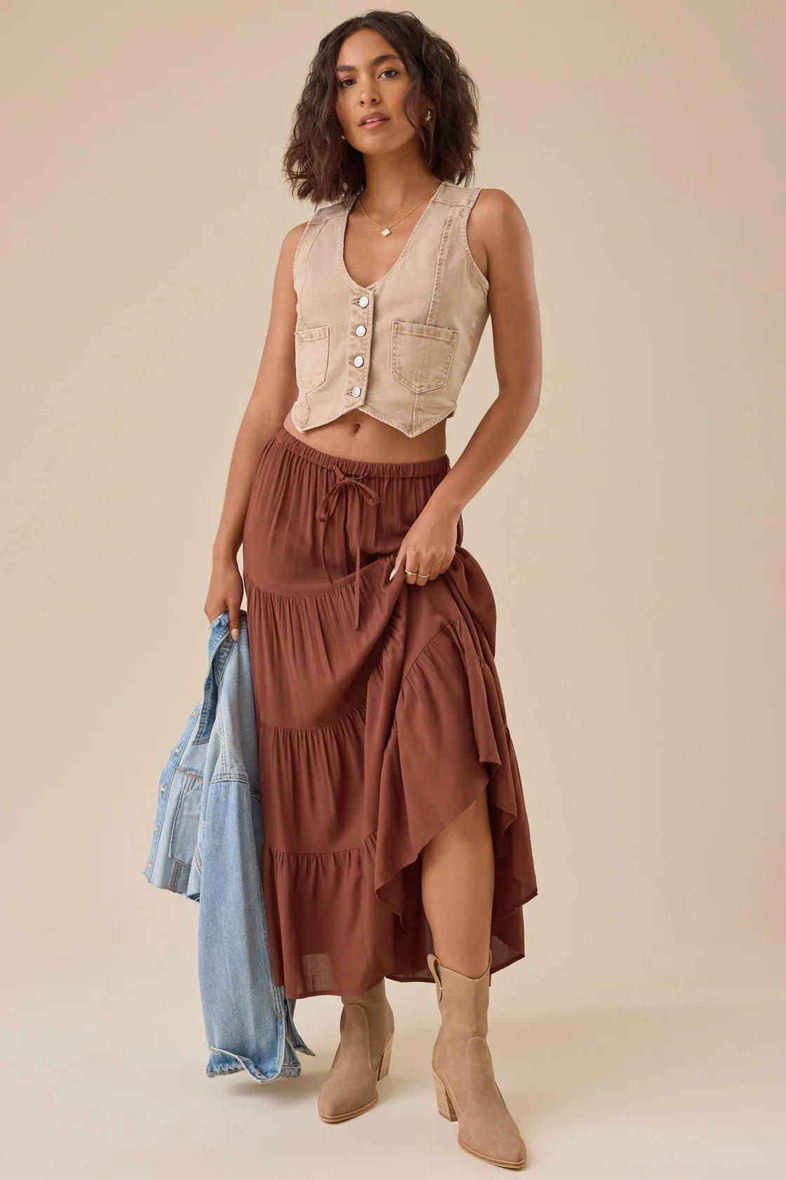 Girl wearing a chestnut brown midi skirt