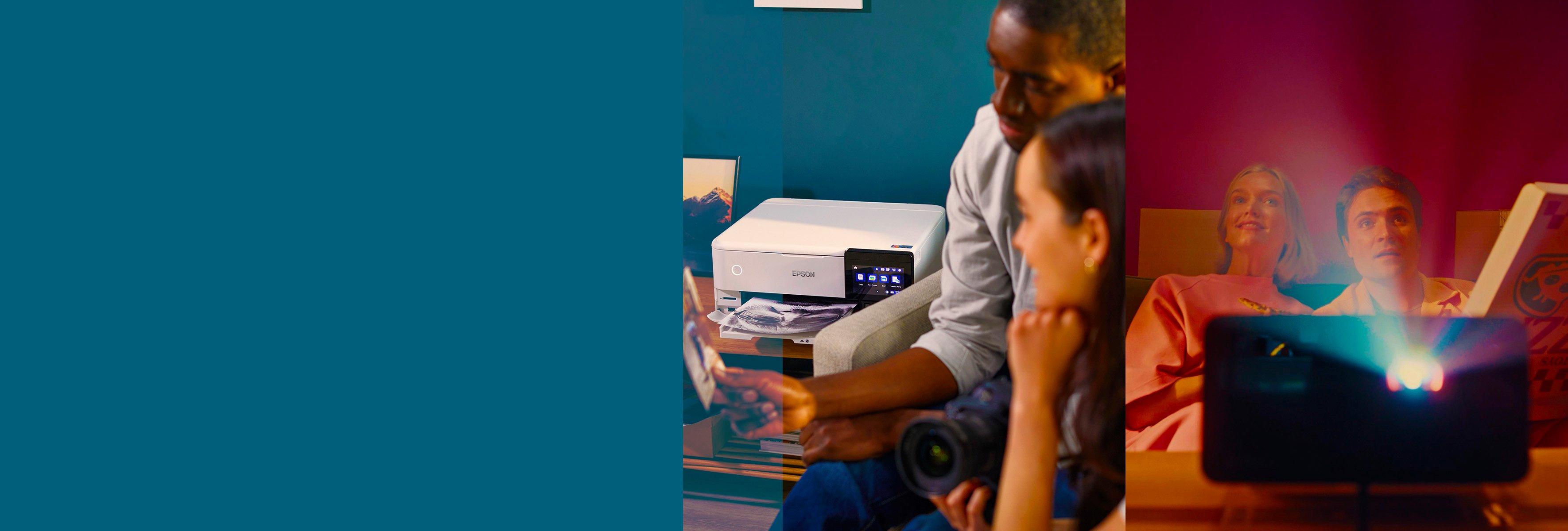 People using Epson printers and projectors in a home environment