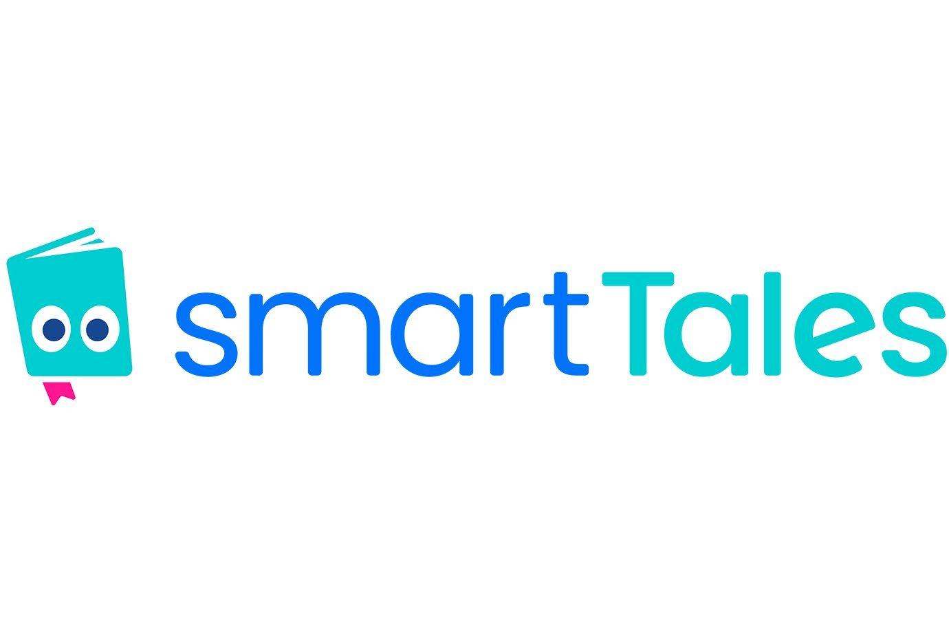 Smart tales logo with a book with eyes and the written words smart tales