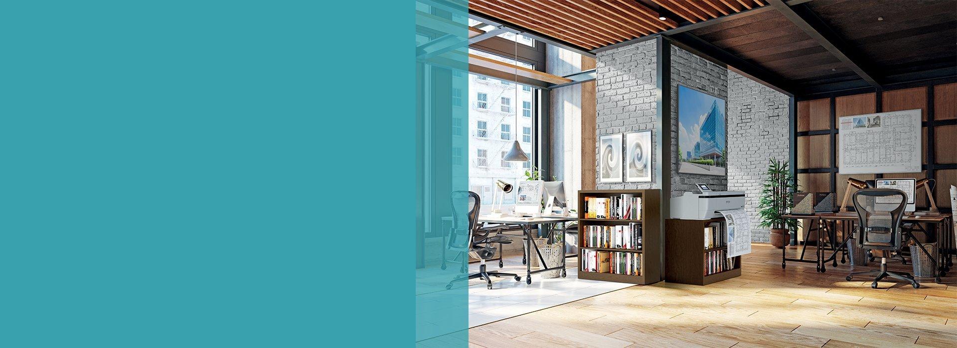 Office building, with chairs, desks and bookshelves