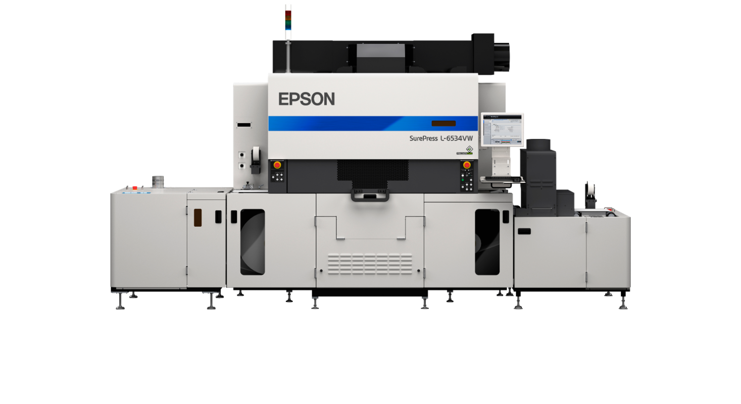 A large industrial Epson SurePress L-6534VW printer with a sleek white and black design.
