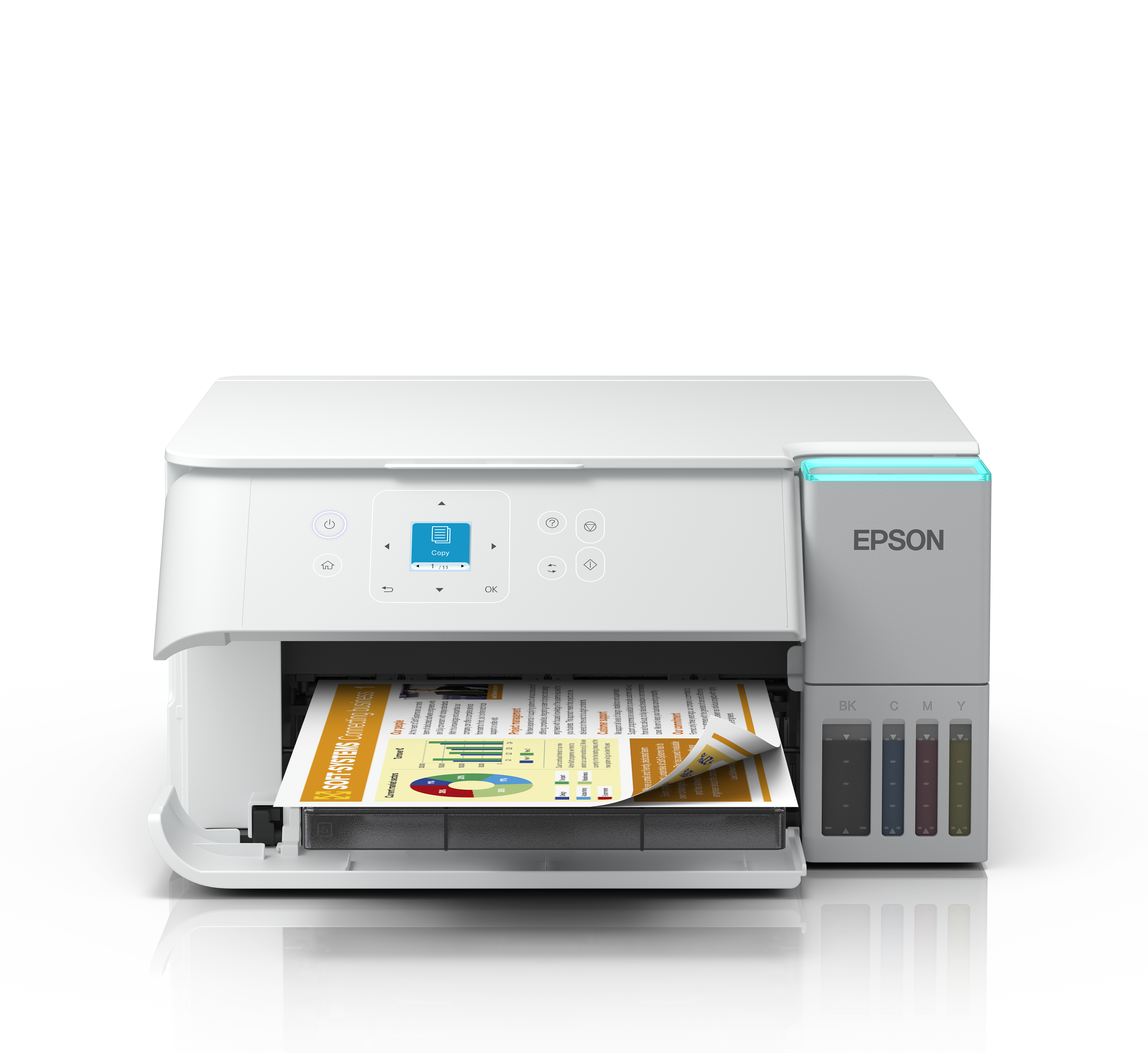 Solution d’impression A4 blanche EcoTank ET-2956 équipée d’une connexion Wi-Fi et de réservoirs d’encre AirPrint avec numérisation, copie et impression recto verso et jusqu’à 3 ans d’encre inclus