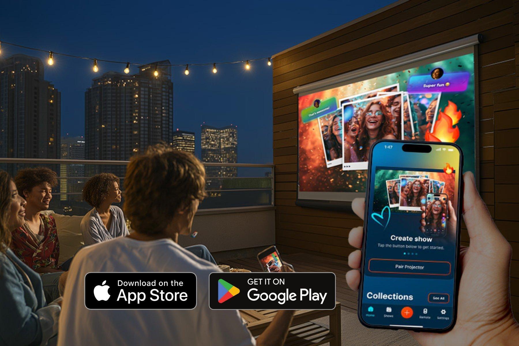 People enjoying a projected display at an outdoor gathering using the Epson Projection Studio app.